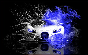 Bugatti Veyron Front View with Blue Smoke and Water Splash on Black Background HD wallpaper