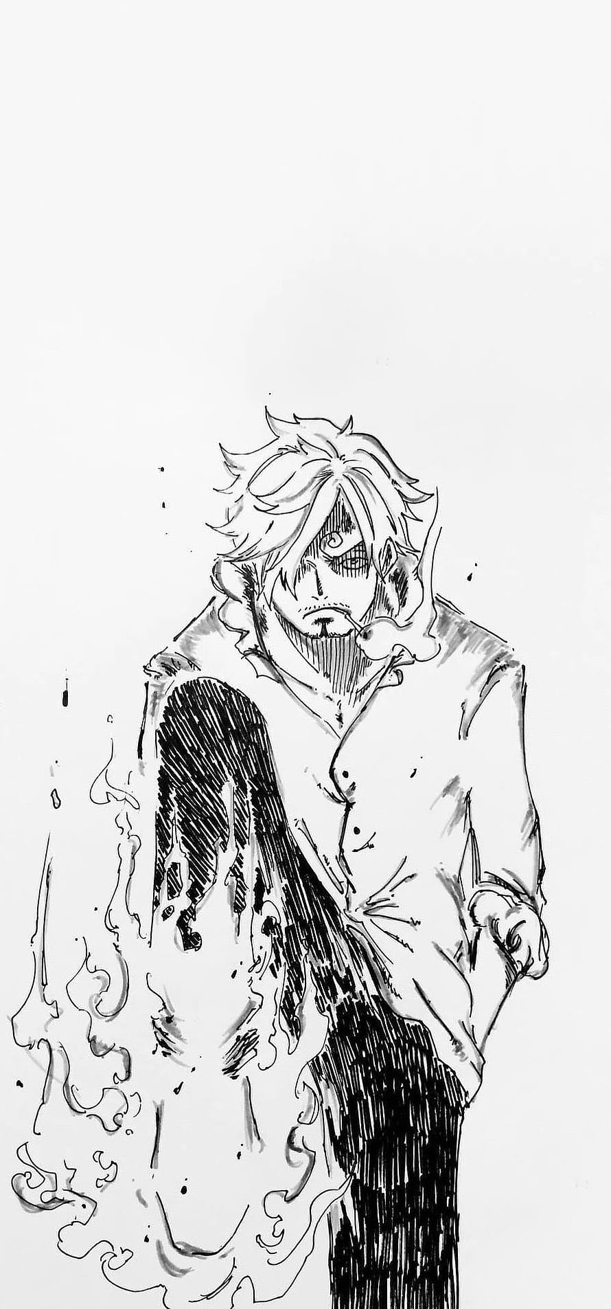 Black and White Sketch of a Male Character with Wild Hair and a Cigarette HD phone wallpaper