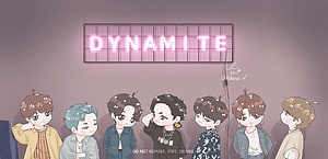 Cute Chibi BTS Members Standing Under Neon Dynamite Sign Wallpaper HD wallpaper