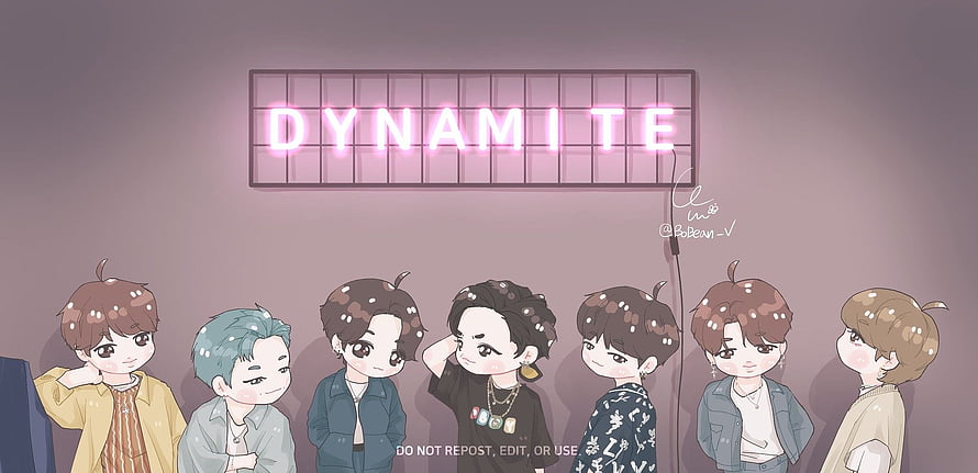 Cute Chibi BTS Members Standing Under Neon Dynamite Sign Wallpaper HD wallpaper