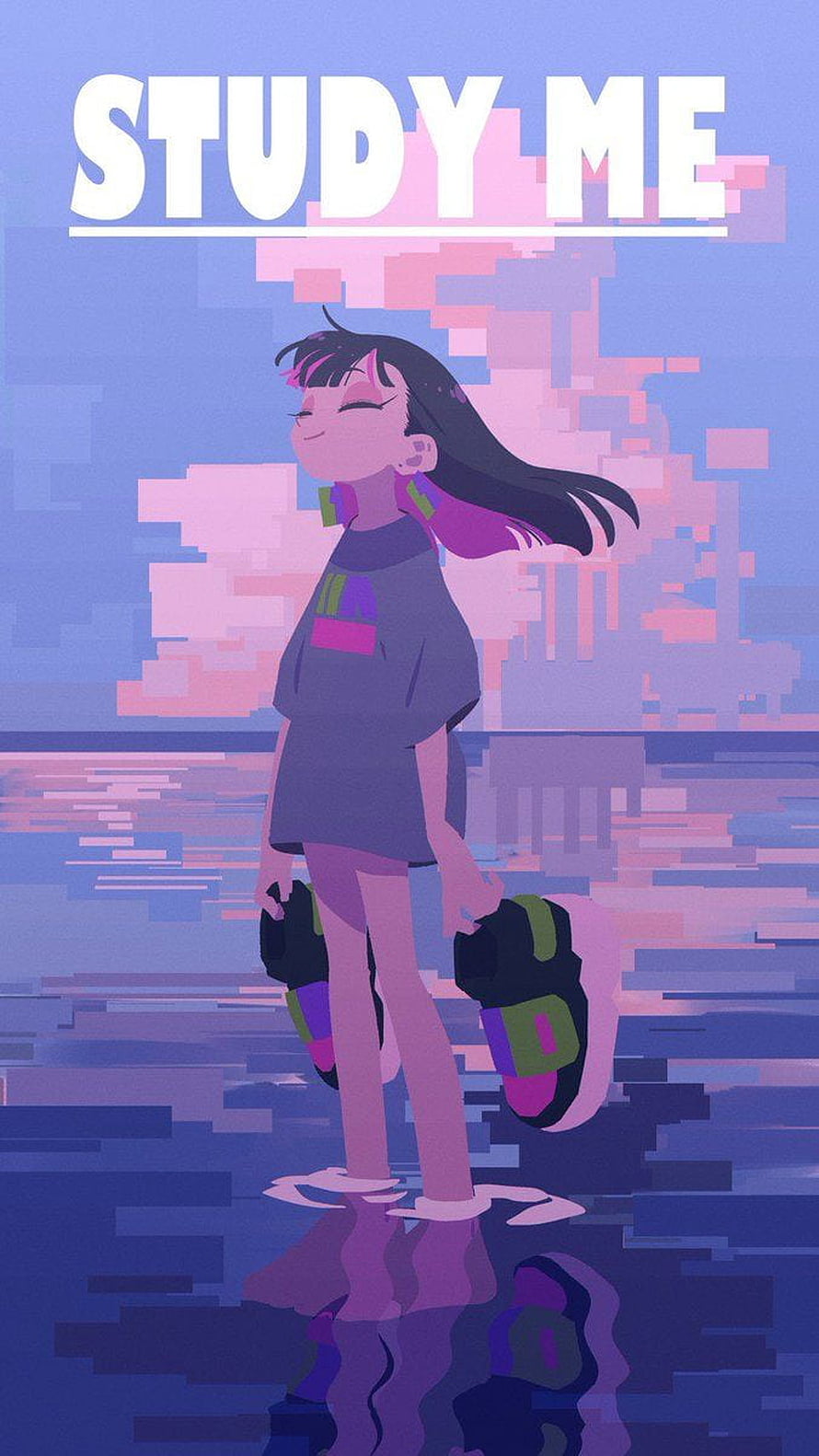 Zutomayo Study Me Anime Girl Illustration with Pixelated Water Reflection HD phone wallpaper