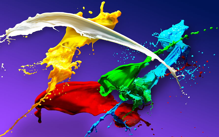 Vibrant multicolored paint splashes frozen in motion against a purple gradient background HD wallpaper