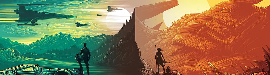 Split Screen Sci-Fi Artwork Featuring Spaceships Over Green Mountains and Red Desert Ruins HD wallpaper