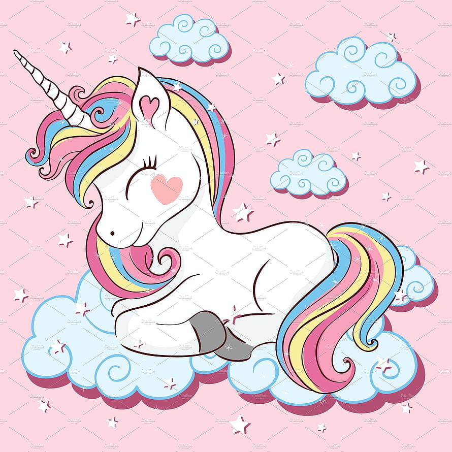 Cute Sleeping Unicorn with Rainbow Mane on Pastel Pink Cloud Background HD phone wallpaper