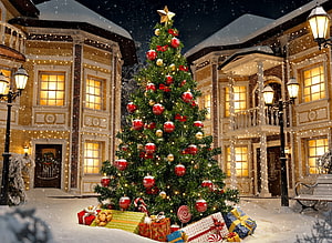 Festive Christmas Tree in Snowy Village Square with Gifts and Warm Lights HD wallpaper