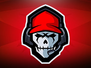 Aggressive Skull Wearing Red Cap and Headset in Shield Emblem on Red Background HD wallpaper