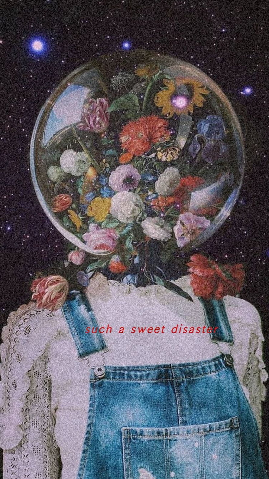 Surreal Vintage Collage of a Girl with a Flower-Filled Glass Sphere Head Against a Starry Night Sky HD phone wallpaper