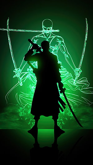 Roronoa Zoro Silhouette with Green Neon Spirit Warrior Background HD phone wallpaper