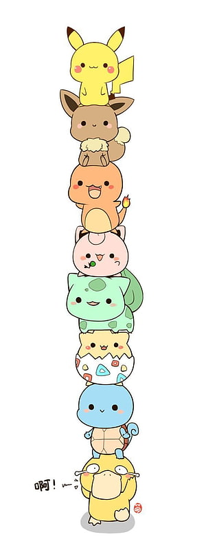 Cute Chibi Pokemon Stack Featuring Pikachu, Eevee, Charmander, Jigglypuff, Bulbasaur, Togepi, Squirtle, and Psyduck, Cute Pokemon Of Pikachu And Eevee HD phone wallpaper