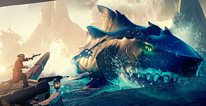 Sea of Thieves Megalodon Shark Attack on Pirate Ship in Turquoise Waters HD wallpaper