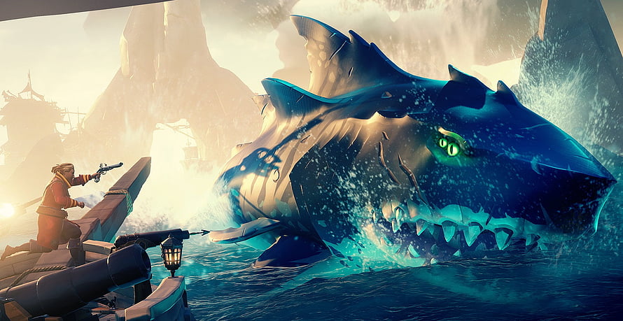 Sea of Thieves Megalodon Shark Attack on Pirate Ship in Turquoise Waters HD wallpaper