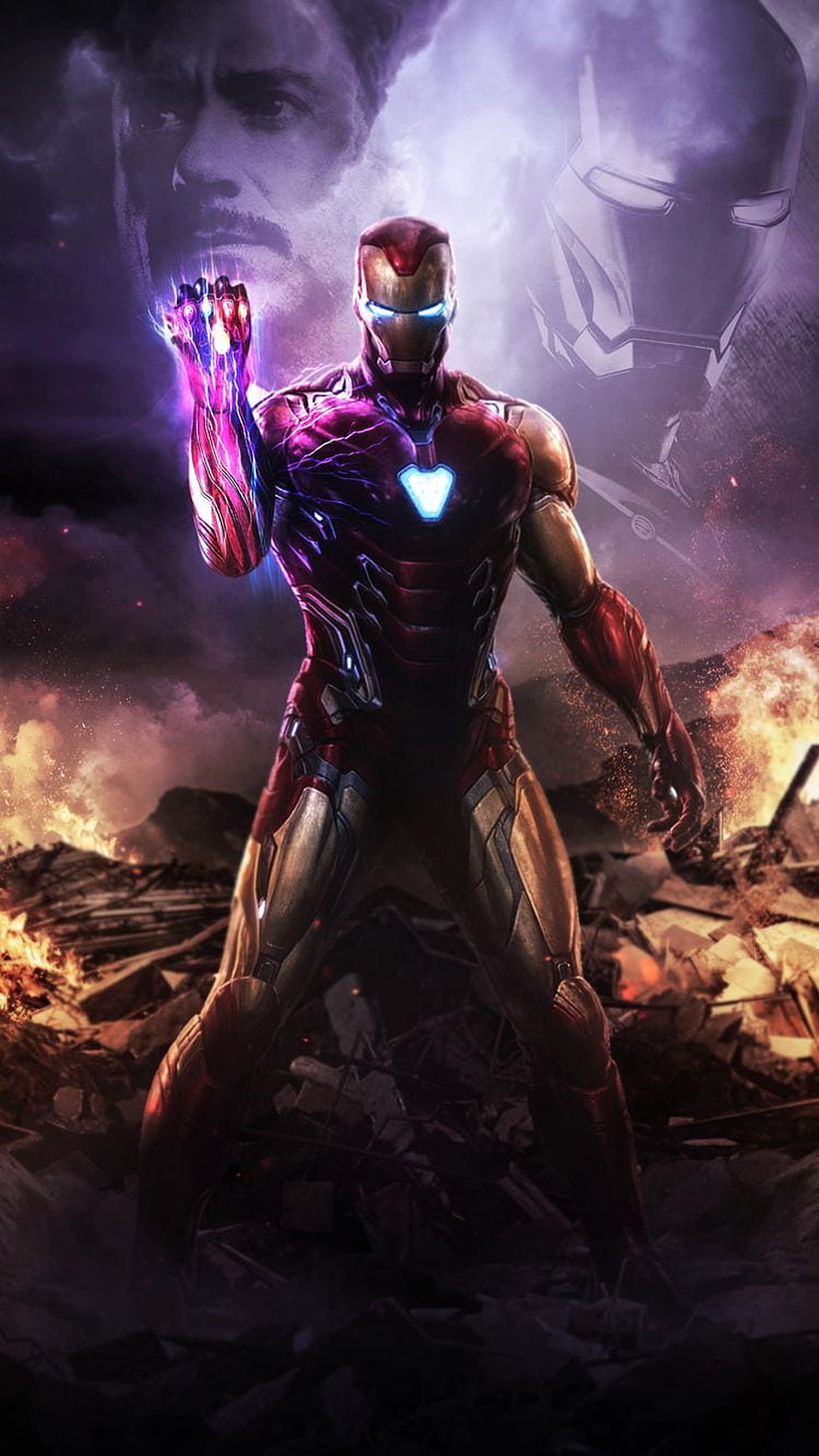 Iron Man Wielding Infinity Gauntlet Amidst Battlefield Ruins and Fire, Iron Man Infinity Gauntlet HD phone wallpaper