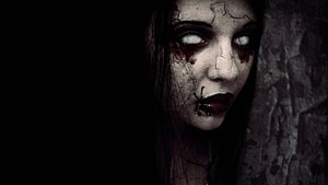 Eerie Portrait of a Haunted Girl with Cracked Skin and Blood-Stained Eyes HD wallpaper