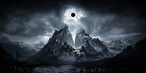 Dark Fantasy Landscape With Snowy Mountains And Solar Eclipse HD wallpaper
