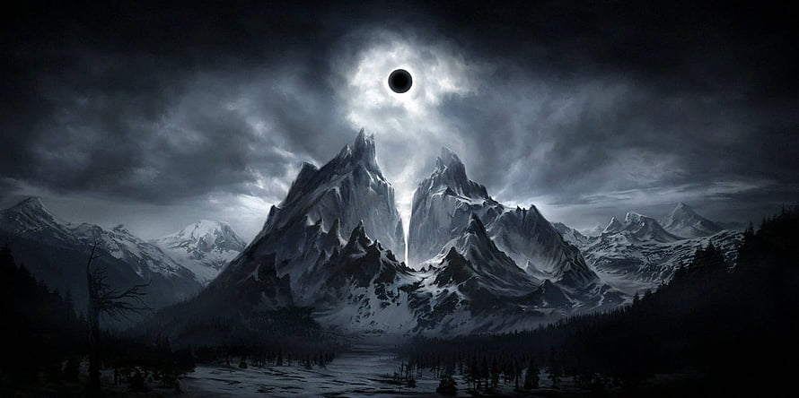 Dark Fantasy Landscape With Snowy Mountains And Solar Eclipse HD wallpaper