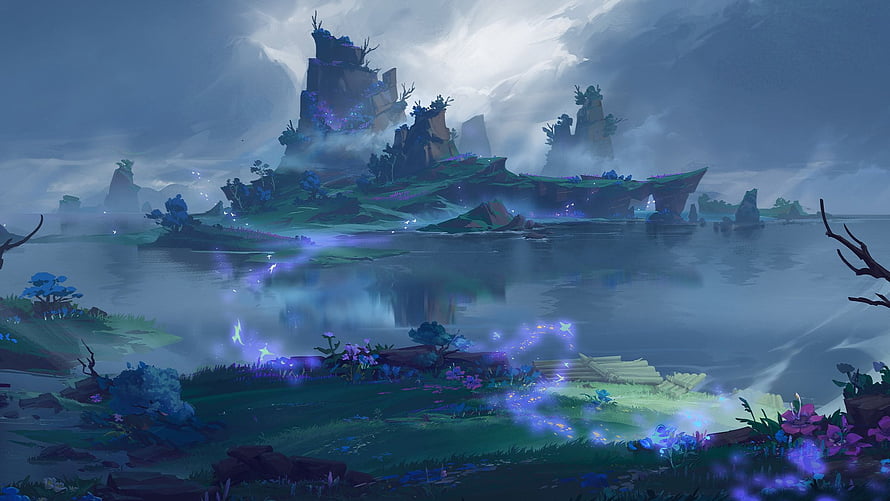 Mystical Floating Island Landscape with Glowing Purple Flora and Misty Waters HD wallpaper