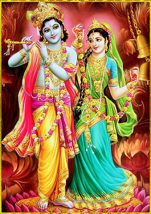 Radha Krishna Divine Portrait in Vibrant Traditional Indian Attire HD phone wallpaper