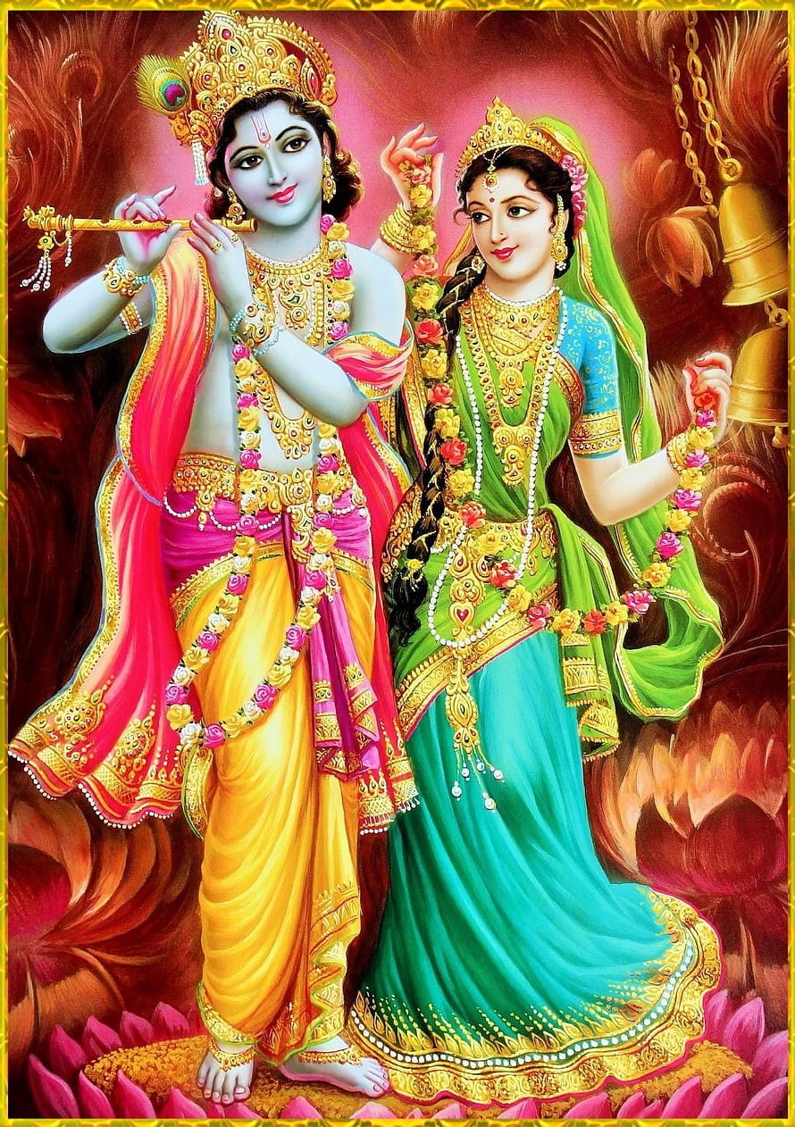 Radha Krishna Divine Portrait in Vibrant Traditional Indian Attire HD phone wallpaper
