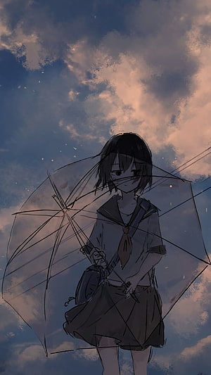 Melancholic Anime Girl With Transparent Umbrella Under Cloudy Sky HD phone wallpaper