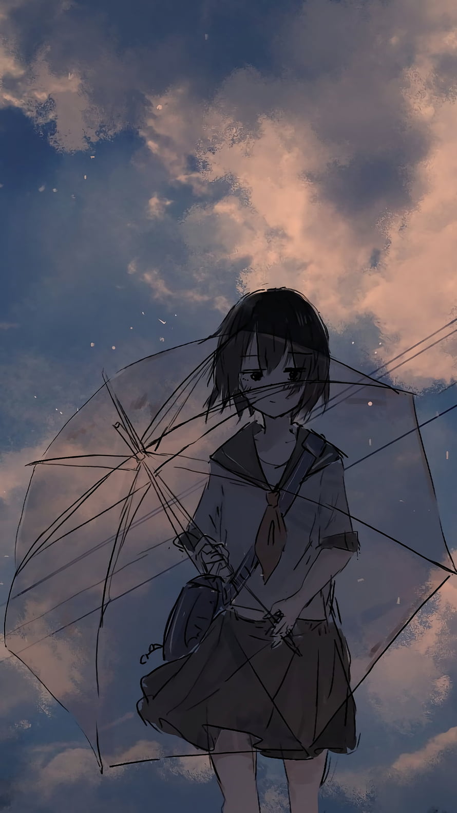 Melancholic Anime Girl With Transparent Umbrella Under Cloudy Sky HD phone wallpaper