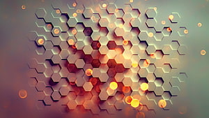 Abstract Hexagonal Grid Pattern With Glowing Bokeh Lights And Warm Gradient Background HD wallpaper