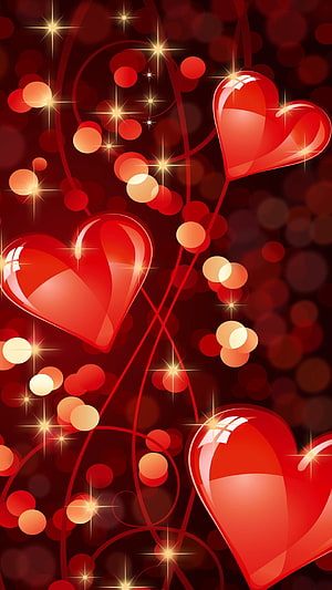 Glossy Red Hearts with Sparkling Bokeh Lights on Dark Background HD phone wallpaper