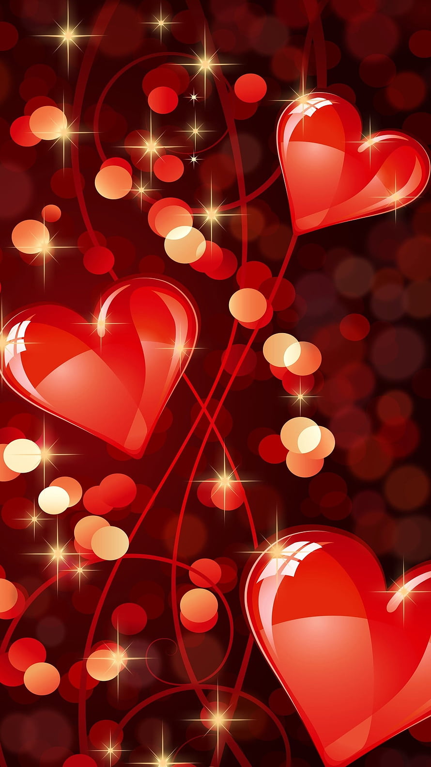 Glossy Red Hearts with Sparkling Bokeh Lights on Dark Background HD phone wallpaper