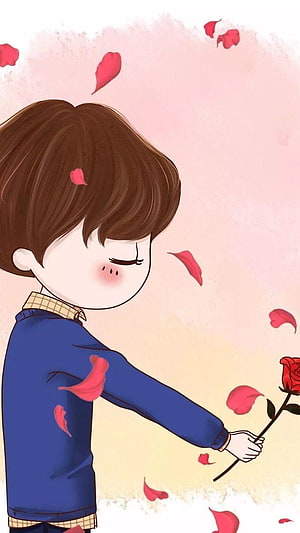Cute cartoon boy holding a red rose with falling petals in a romantic style, Half Matching Couple , Couple Half HD phone wallpaper