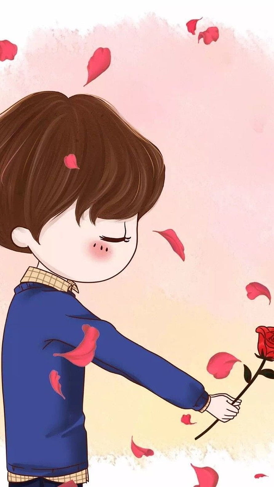 Cute cartoon boy holding a red rose with falling petals in a romantic style, Half Matching Couple , Couple Half HD phone wallpaper