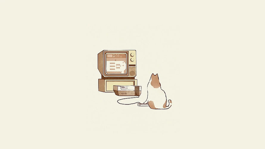 Retro Cat Playing Vintage Computer Game Illustration HD wallpaper