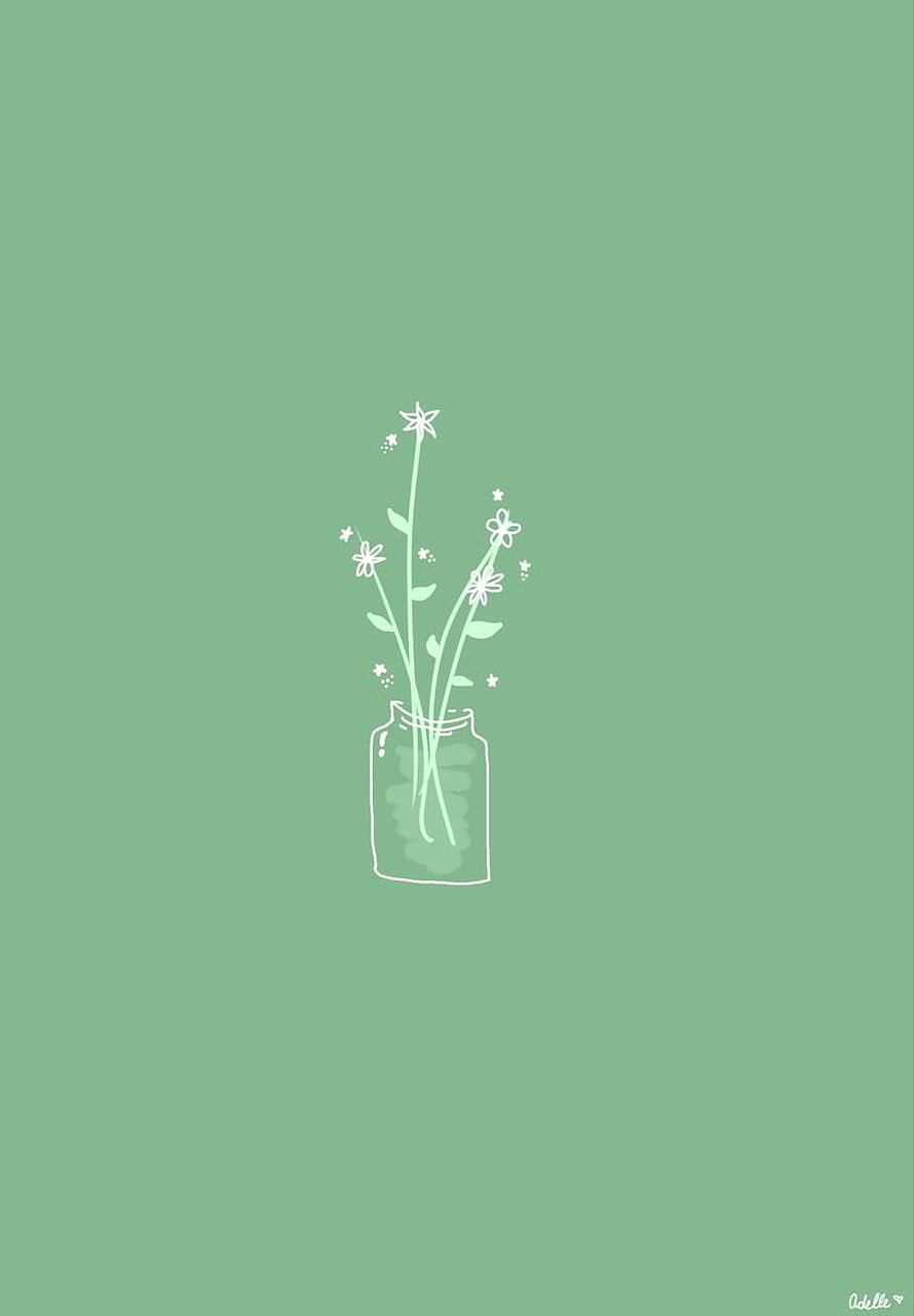 Minimalist Green Aesthetic Wallpaper with Simple White Flower Illustration in a Glass Jar HD phone wallpaper