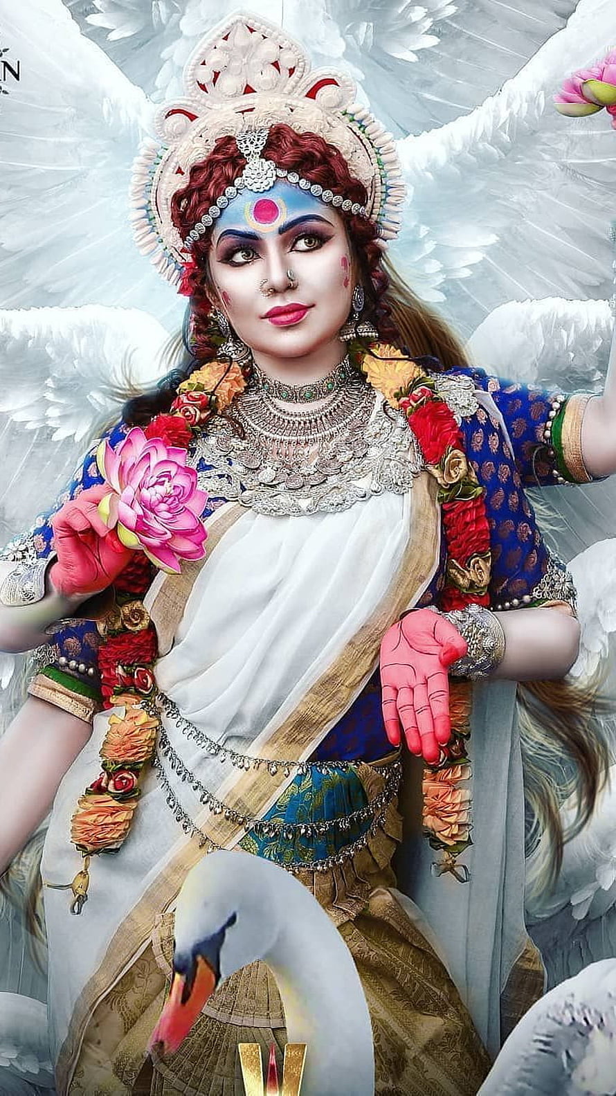 Hindu Goddess Durga Portrait with Swan and Lotus in Ornate Traditional Attire HD phone wallpaper
