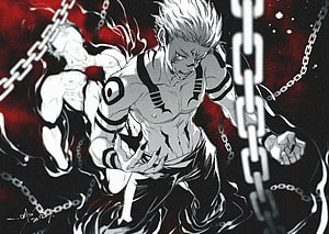 Ryomen Sukuna Jujutsu Kaisen Anime Character Artwork with Chains and Red Aura HD wallpaper