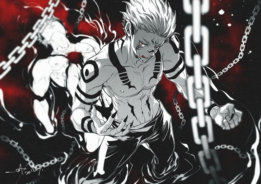 Ryomen Sukuna Jujutsu Kaisen Anime Character Artwork with Chains and Red Aura HD wallpaper