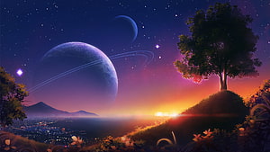 Fantasy Alien Landscape with Ringed Planet and Lush Hillside at Sunset HD wallpaper