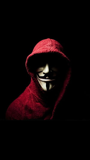 Money Heist Rio Character in Red Hoodie and Guy Fawkes Mask Against Black Background HD phone wallpaper