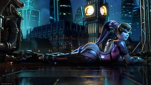 Widowmaker Overwatch Character Lying in Neon Cyberpunk City at Night HD wallpaper