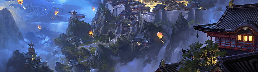 Mystical Japanese Mountain Fortress at Night with Floating Sky Lanterns and Waterfalls HD wallpaper
