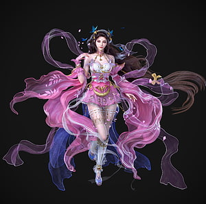 Elegant Fantasy Woman in Flowing Pink and Blue Gown with Butterfly Hair Ornaments, Fantasy girl, pink, black, frumusete, fantasy, wenjie li, girl, luminos HD wallpaper