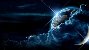 Majestic Blue Planet in Space with Glowing Clouds and Starlight HD wallpaper