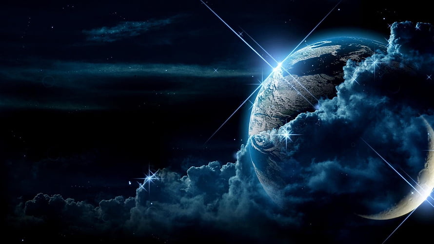 Majestic Blue Planet in Space with Glowing Clouds and Starlight HD wallpaper