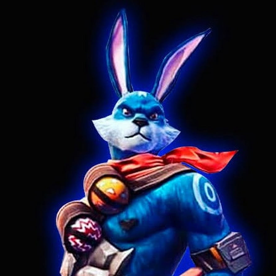 Darius the Blue Rabbit Warrior Character with Red Scarf and Arm Cannon HD phone wallpaper