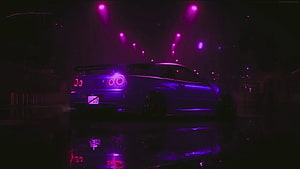 Nissan Skyline R34 GT-R in Neon Purple Night Scene with Wet Street Reflections HD wallpaper