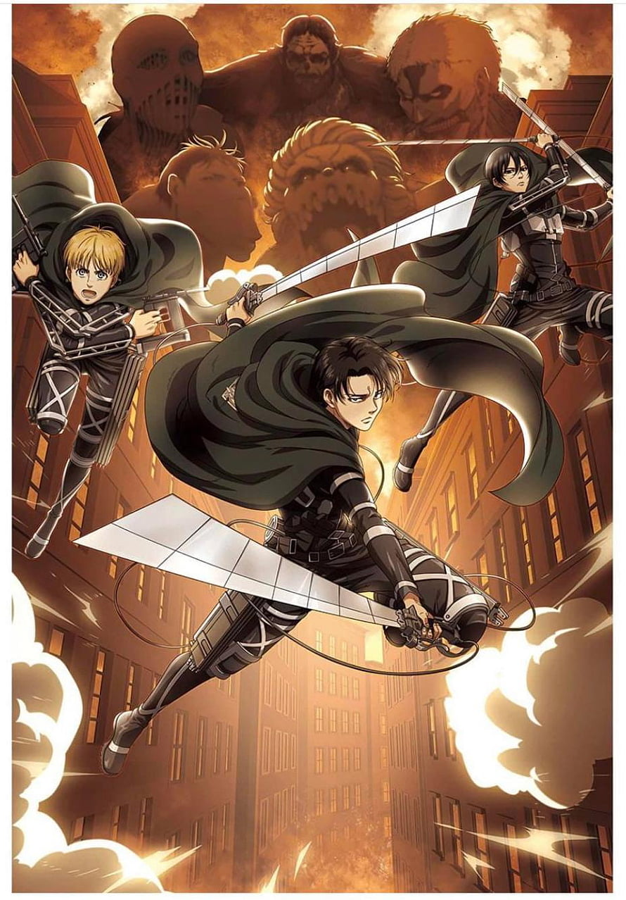 Attack on Titan Survey Corps ODM Gear Battle Scene with Colossal Titan HD phone wallpaper