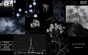 Dark Aesthetic Collage Featuring Eiffel Tower, Roses, and Moody Black and White Photography HD wallpaper