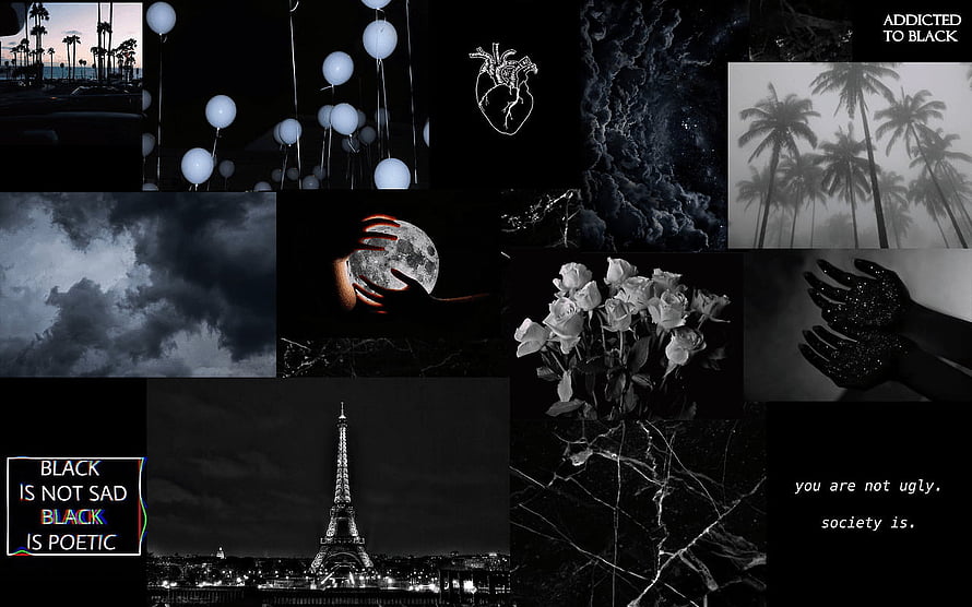 Dark Aesthetic Collage Featuring Eiffel Tower, Roses, and Moody Black and White Photography HD wallpaper
