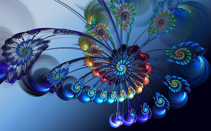 Vibrant Fractal Butterfly with Neon Spirals and Intricate Geometric Patterns HD wallpaper