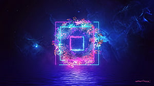 Neon Geometric Flower Frame Floating Over Dark Water Surface HD wallpaper