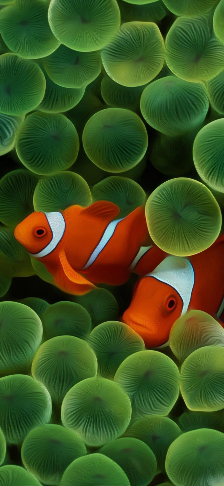 Vibrant Orange Clownfish Swimming Among Green Sea Anemone Tentacles HD phone wallpaper