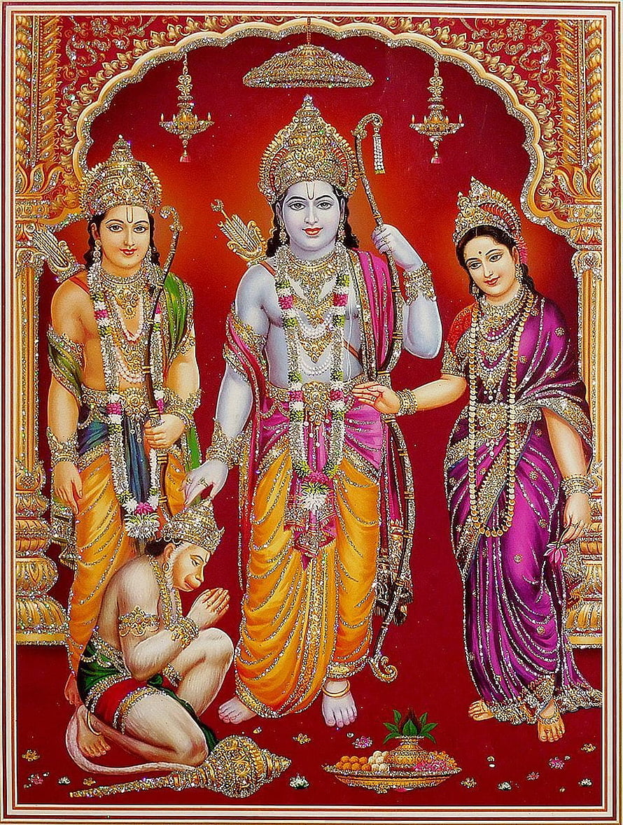 Shree Ram Darbar with Sita and Lakshmana Traditional Indian Glitter Art HD phone wallpaper